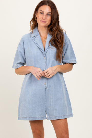 Blue Denim Striped Short Sleeve Romper