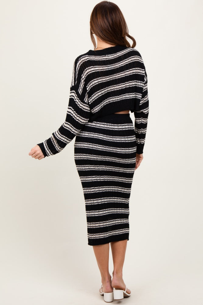 Black/Cream Long Sleeve Crop Top Midi Skirt Set
