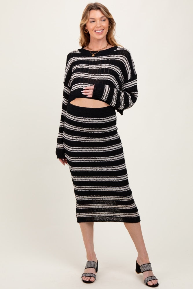 Black/Cream Long Sleeve Crop Top Midi Skirt Maternity Set