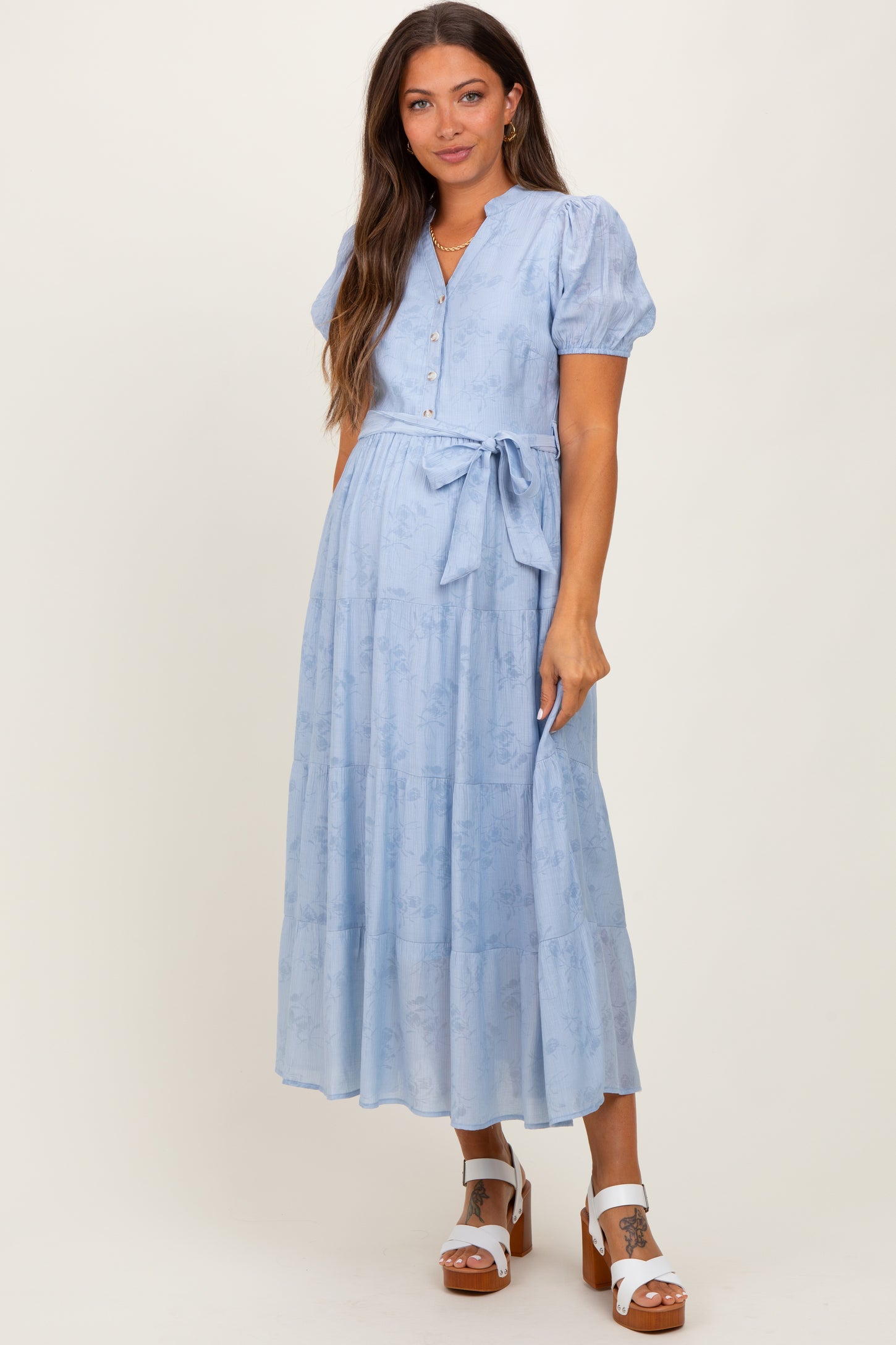 Light Blue Split Neckline Tiered Maternity Midi Dress