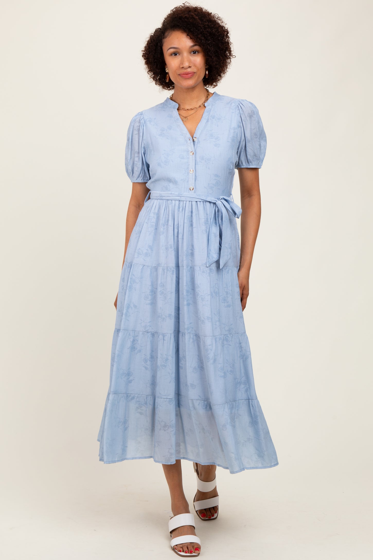 Light Blue Split Neckline Tiered Maternity Midi Dress
