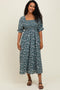 Forest Green Floral Smocked Puff Sleeve Midi Dress