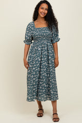 Forest Green Floral Smocked Puff Sleeve Maternity Midi Dress