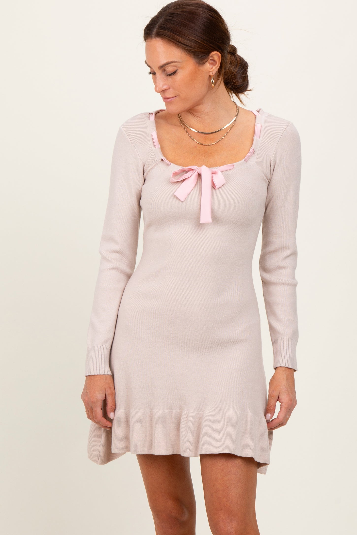 Beige Knit Ribbon Detail Neckline Mini Dress