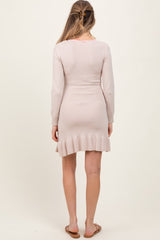 Beige Knit Ribbon Detail Neckline Maternity Mini Dress