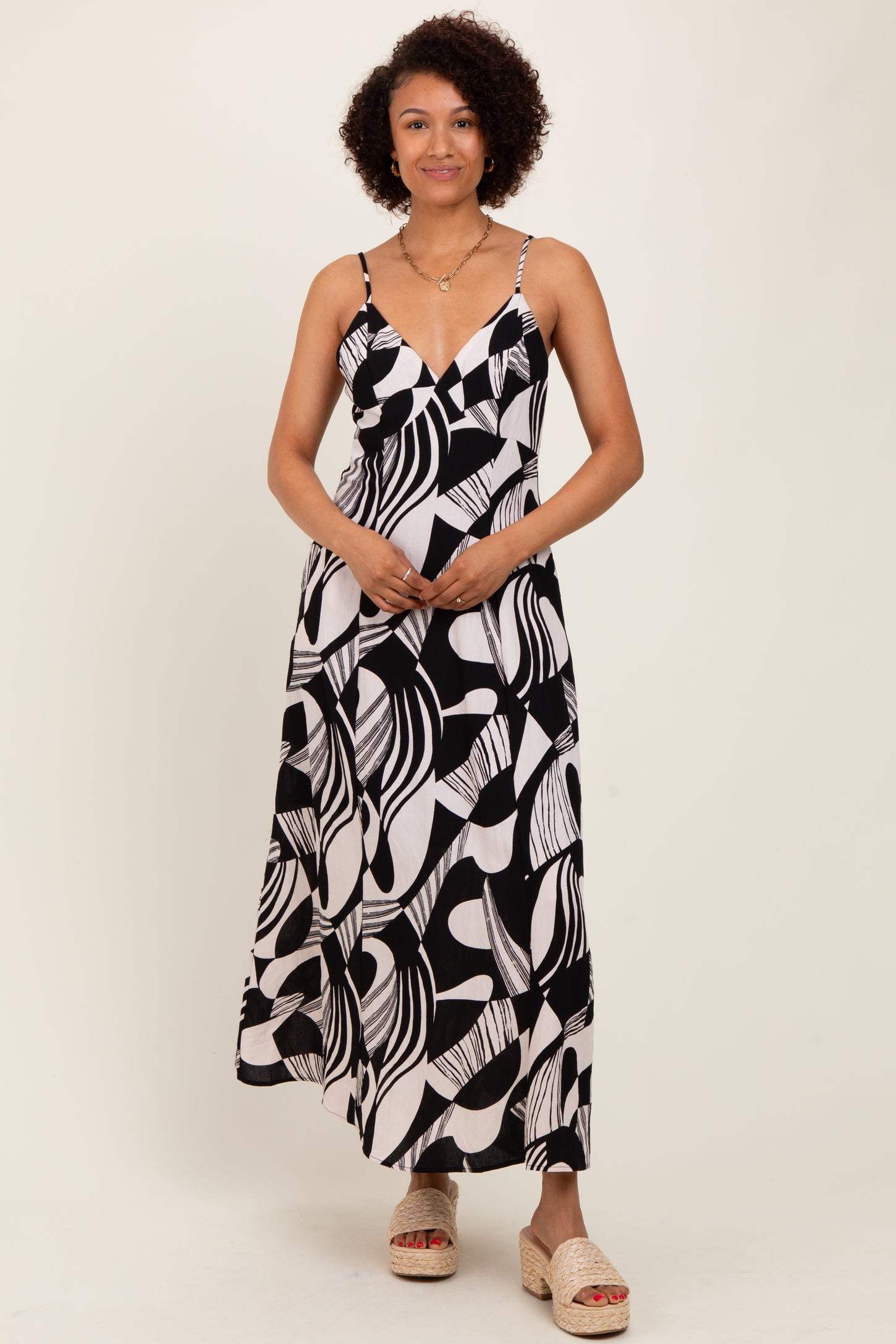 Black Geometric Print Sleeveless Maxi Dress