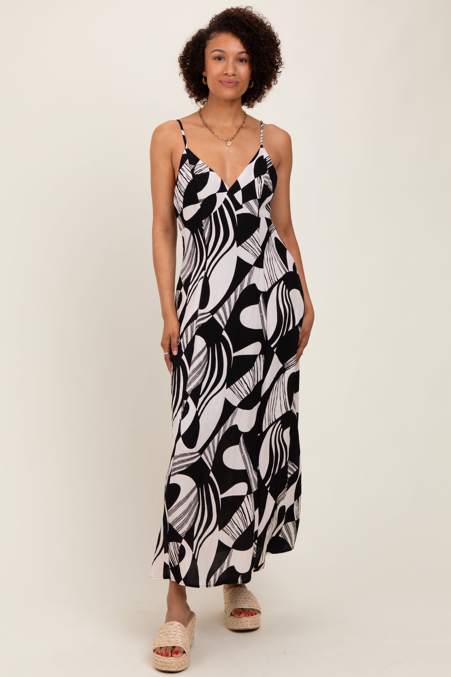 Black Geometric Print Sleeveless Maxi Dress
