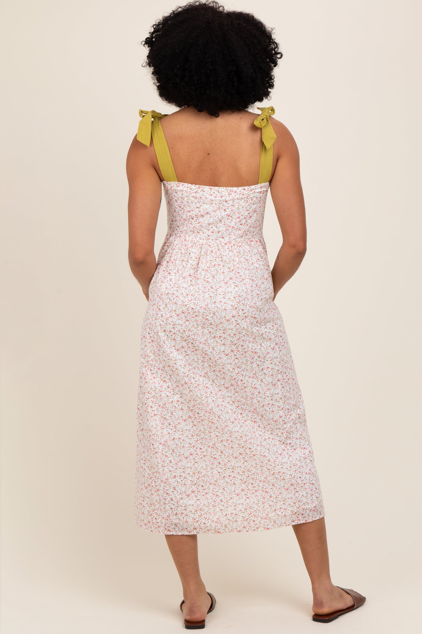 Cream Floral Shoulder Tie Button Down Midi Dress