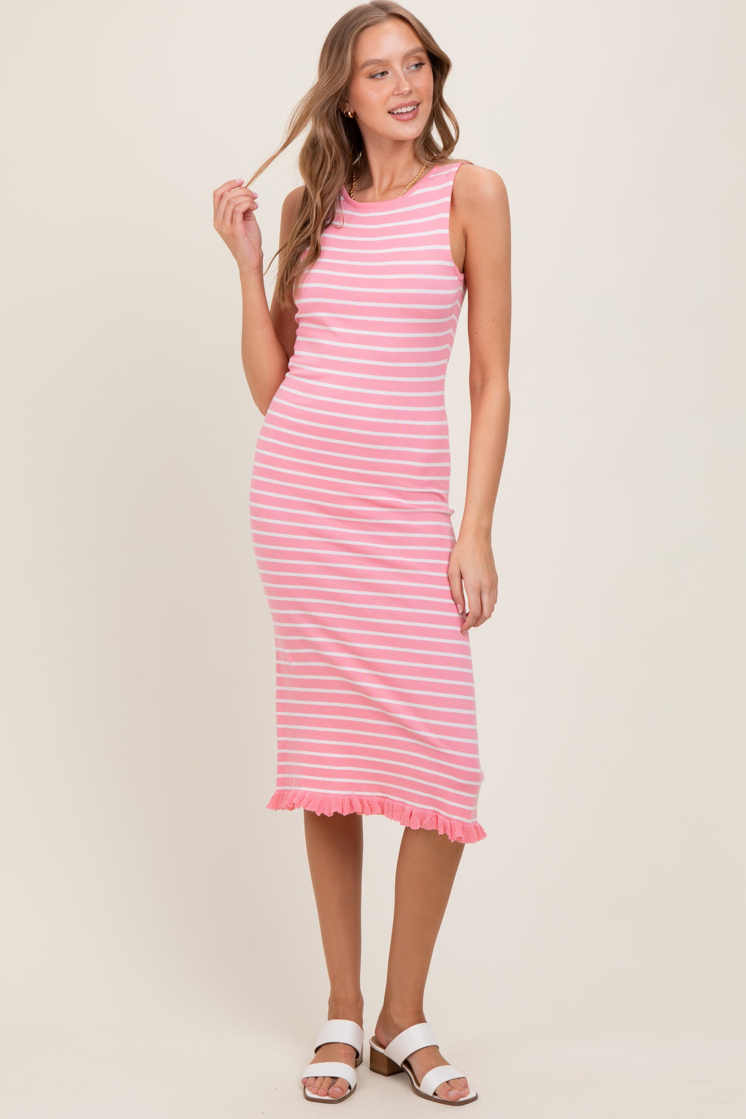 Light Pink Striped Knit Sleeveless Ruffle Hem Midi Dress