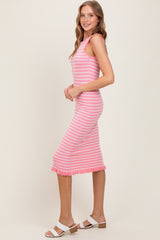 Light Pink Striped Knit Sleeveless Ruffle Hem Midi Dress