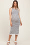 White Striped Knit Sleeveless Ruffle Hem Maternity Midi Dress