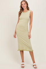 Light Olive Striped Knit Sleeveless Ruffle Hem Midi Dress