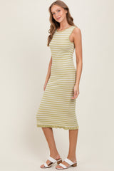 Light Olive Striped Knit Sleeveless Ruffle Hem Midi Dress