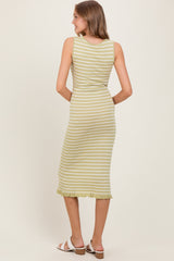 Light Olive Striped Knit Sleeveless Ruffle Hem Midi Dress