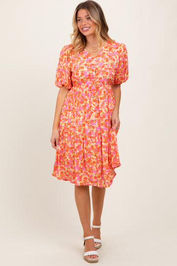 Pink Floral Button Down V-Neck Short Sleeve Dress