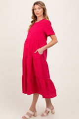 Fuchsia Short Sleeve Tiered Maternity Midi Dress