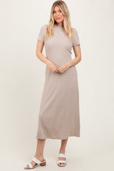 Beige Ribbed Short Sleeve Midi Dress