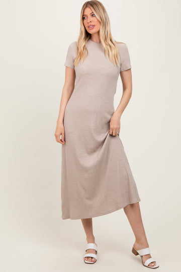 Beige Ribbed Short Sleeve Midi Dress