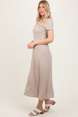 Beige Ribbed Short Sleeve Midi Dress
