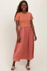 Rust Knit Contrast Top Satin Short Sleeve Maternity Midi Dress