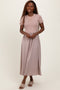Taupe Knit Contrast Top Satin Short Sleeve Midi Dress