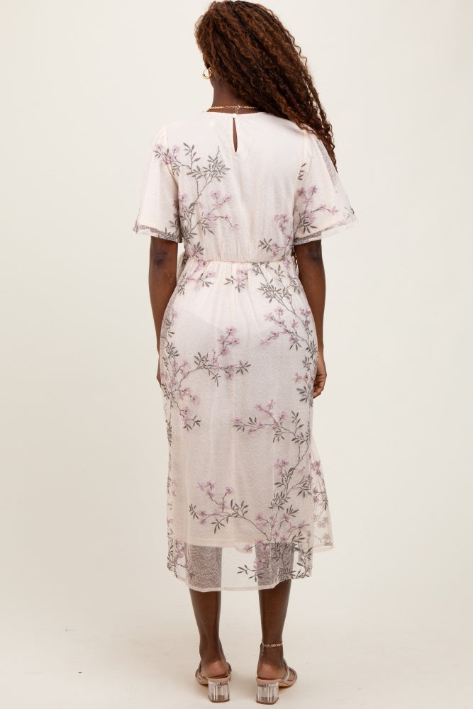 Ivory Floral Embroidered Mesh Midi Dress