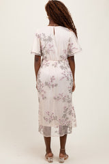 Ivory Floral Embroidered Mesh Midi Dress