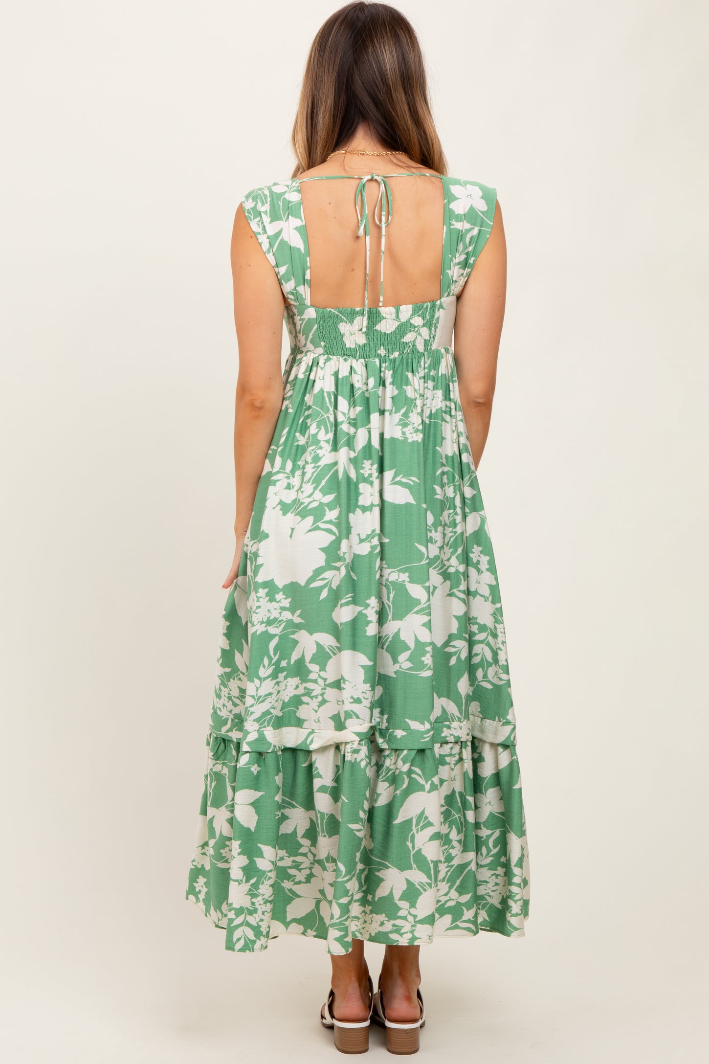 Mint Green Floral Square Neck Midi Dress