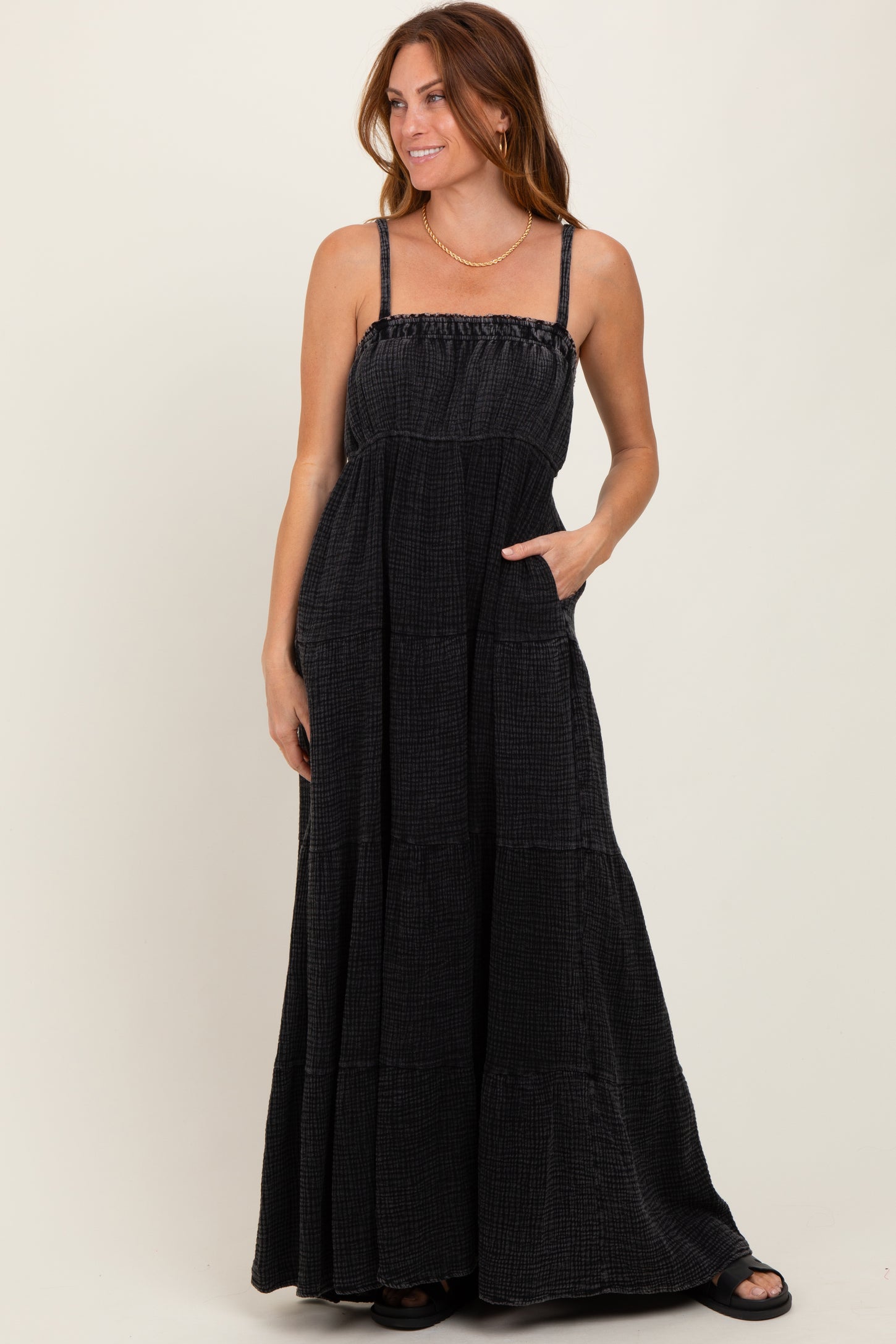 Black Tiered Sleeveless Maternity Maxi Dress