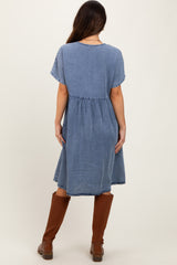 Blue Denim V-Neck Short Sleeve Dress