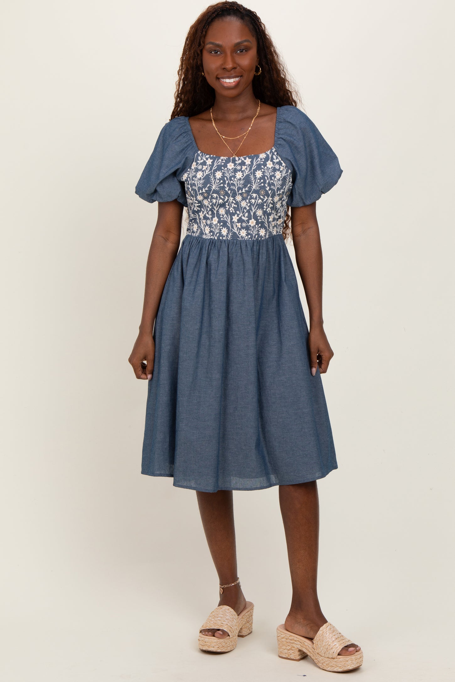 Blue Chambray Floral Embroidered Short Sleeve Maternity Midi Dress