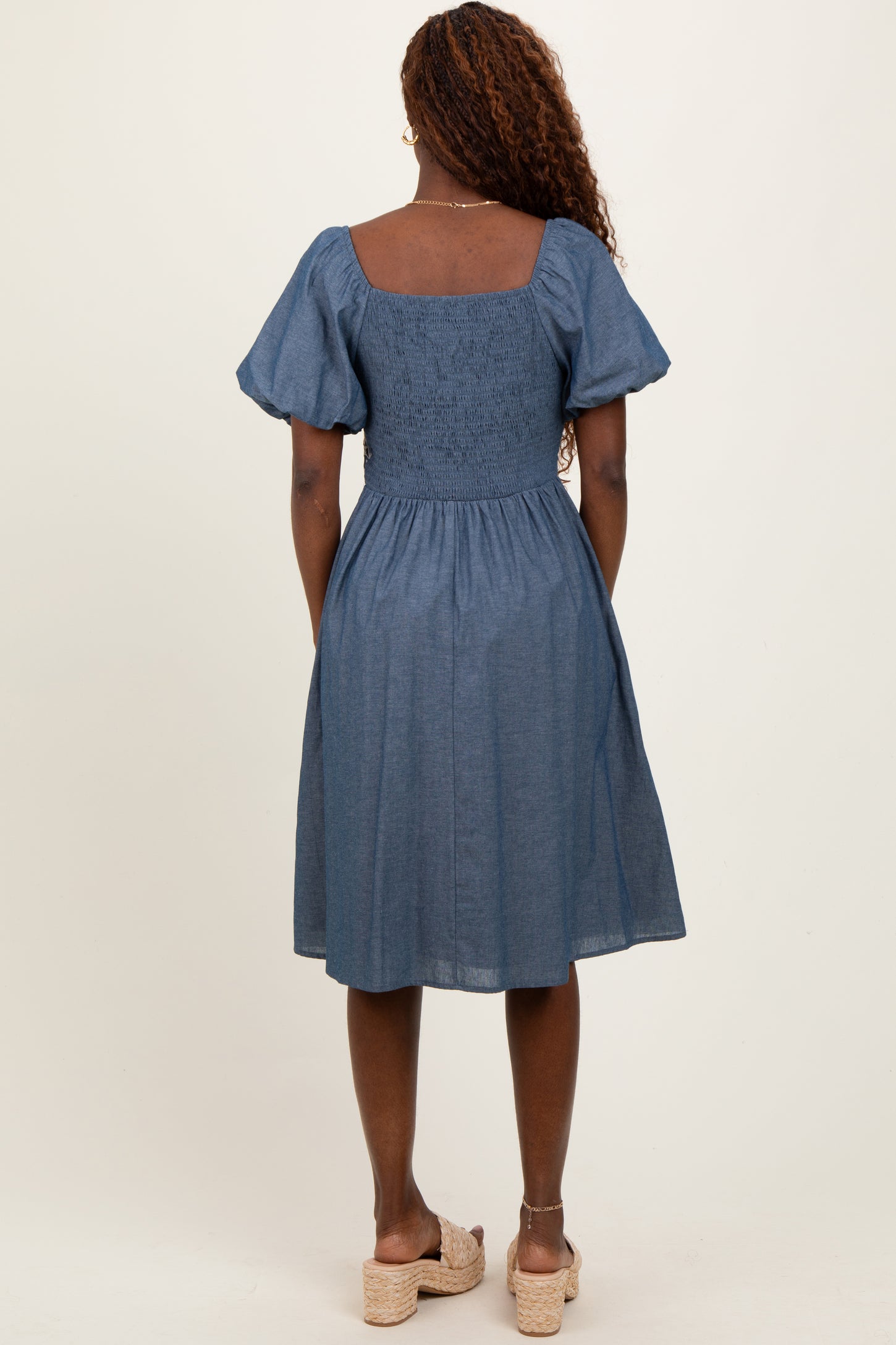 Blue Chambray Floral Embroidered Short Sleeve Midi Dress