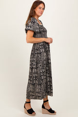Black Patch Printed Smocked Midi Dress