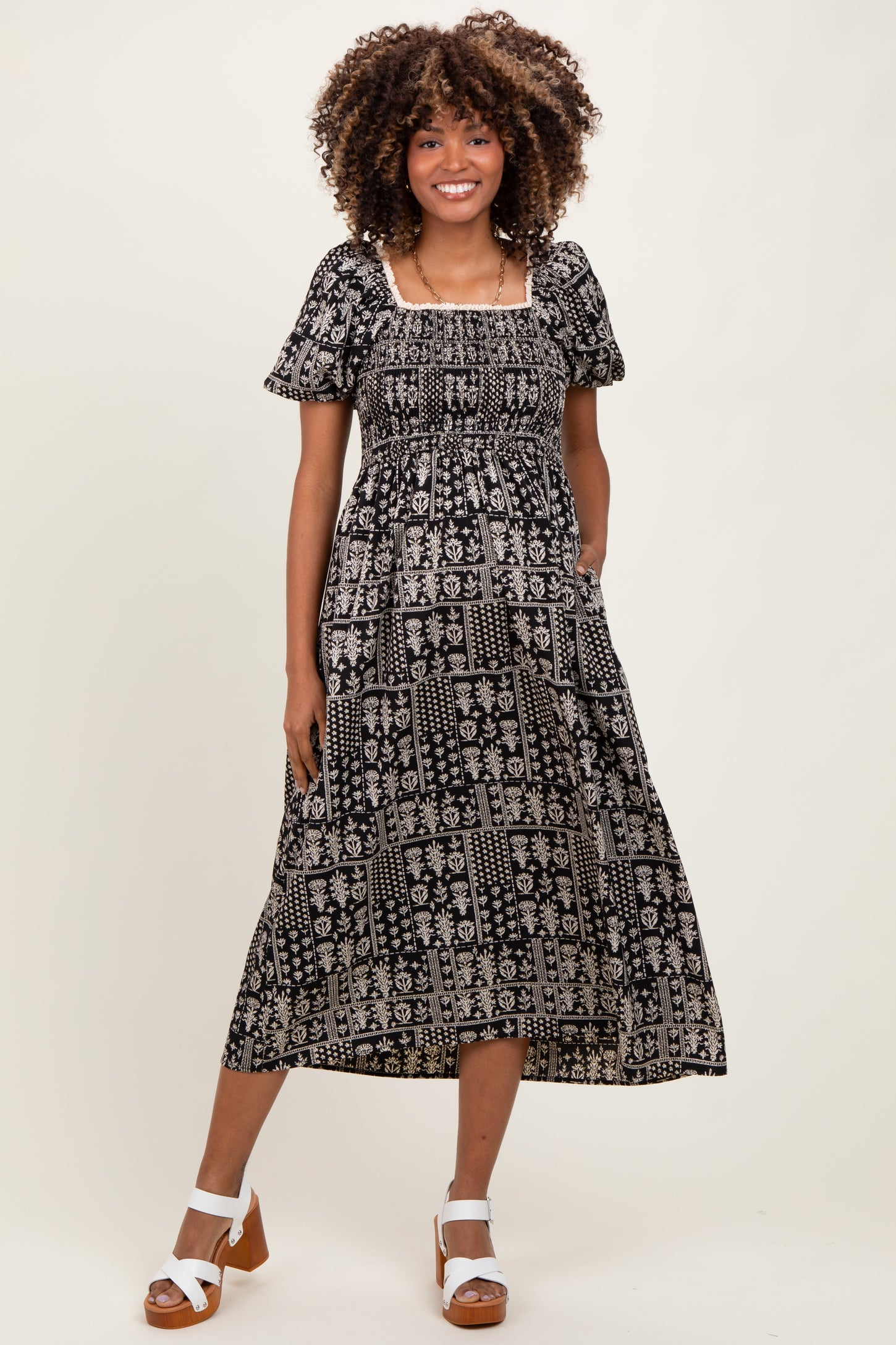 Black Patch Printed Smocked Maternity Midi Dress