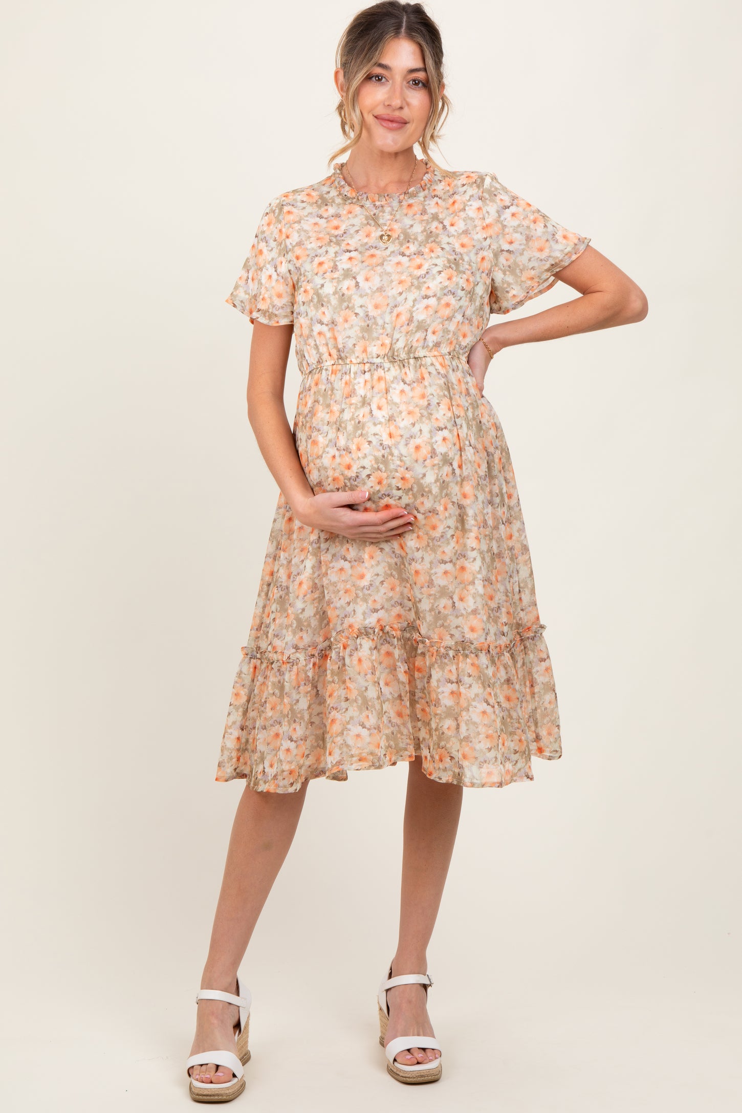 Light Olive Floral Ruffle Mock Neck Maternity Midi Dress