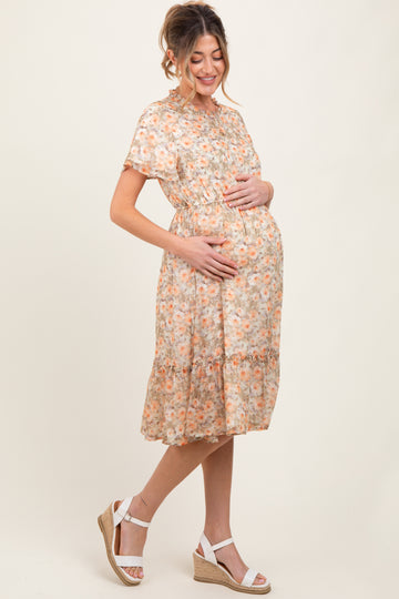 Light Olive Floral Ruffle Mock Neck Maternity Midi Dress