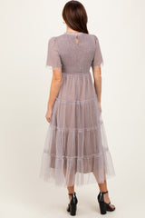 Grey Gingham Mesh Tiered Midi Dress