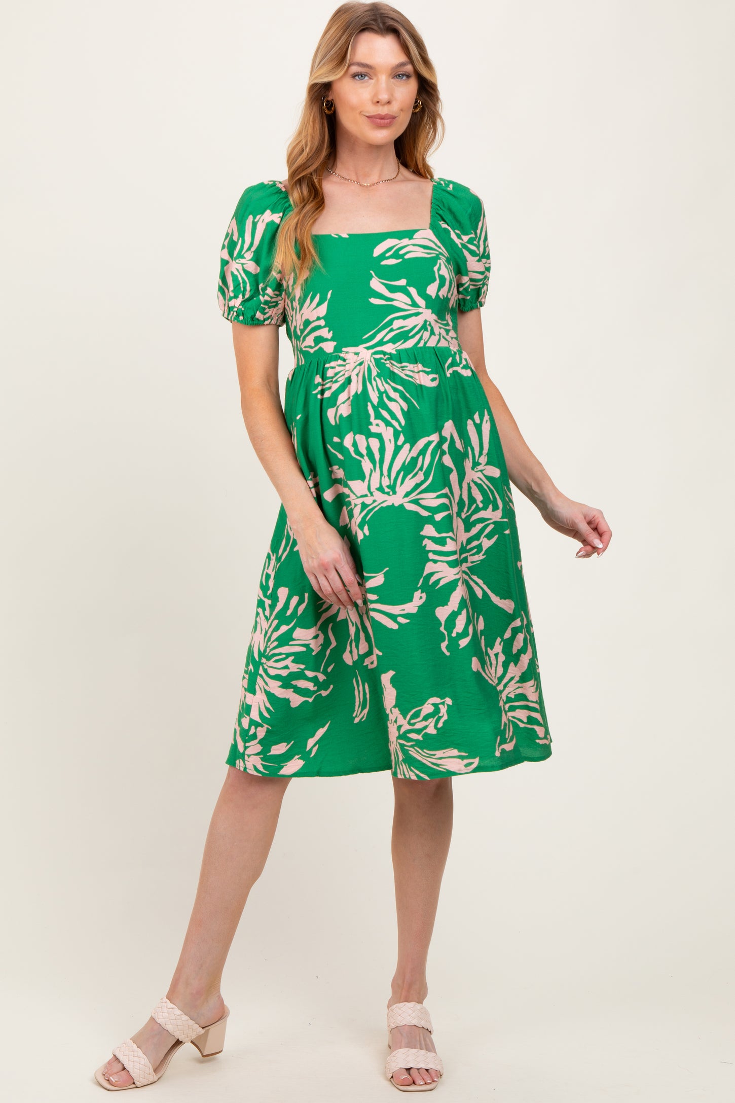 Green Floral Square Neck Short Sleeve Maternity Dress