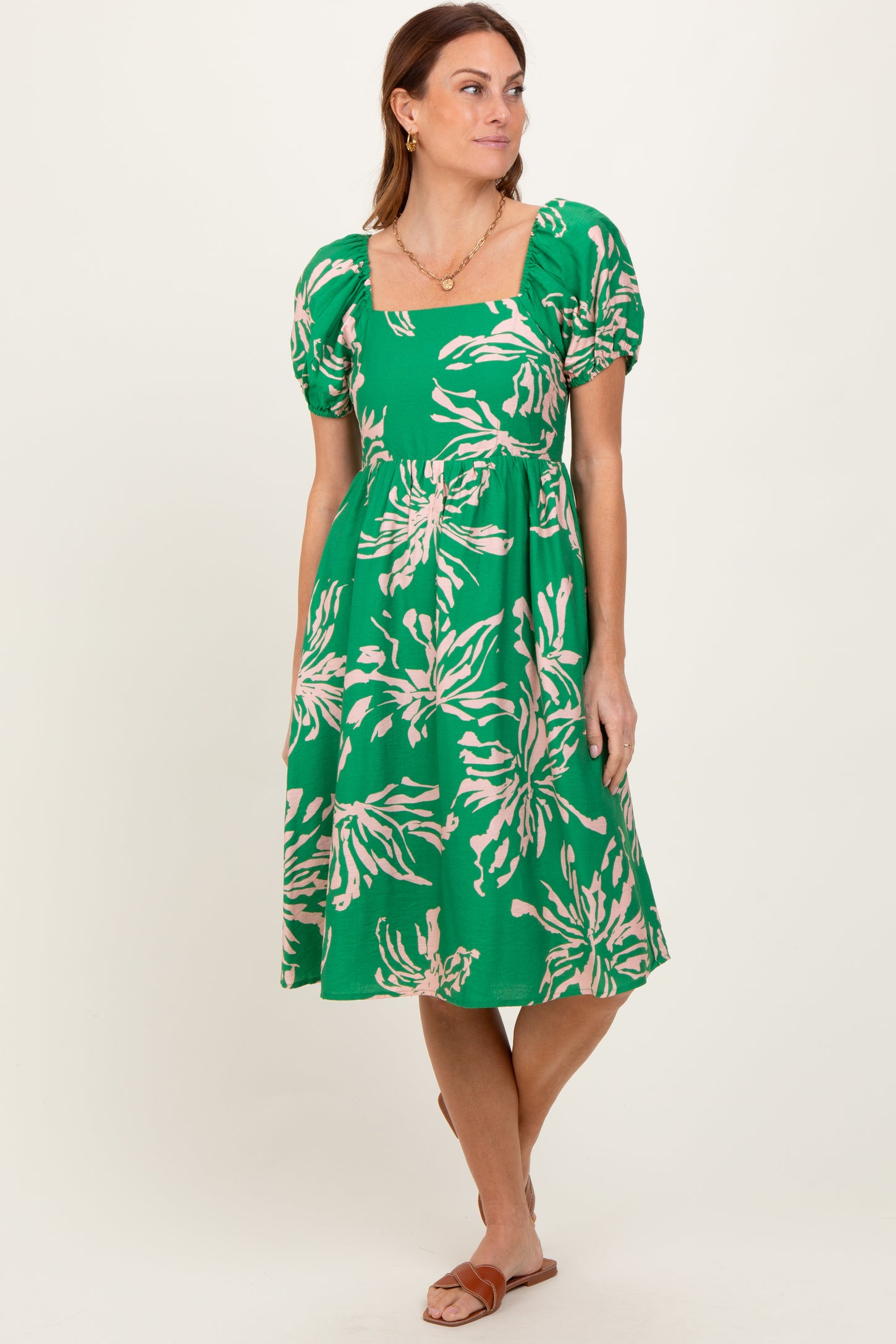 Green Floral Square Neck Short Sleeve Dress