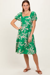 Green Floral Square Neck Short Sleeve Dress