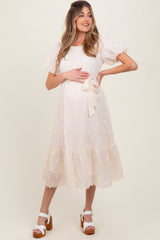 Ivory Embroidered Tied Waist Short Sleeve Maternity Midi Dress