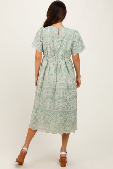 Light Olive Floral Embroidered Tied Waist Midi Dress