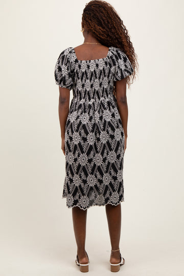 Black Floral Embroidered Square Neck Dress