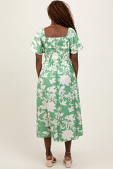 Green Floral Smocked Short Sleeve Midi Dress