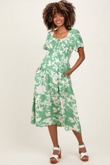 Green Floral Smocked Short Sleeve Maternity Midi Dress