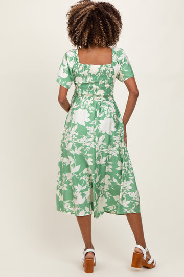 Green Floral Smocked Short Sleeve Maternity Midi Dress