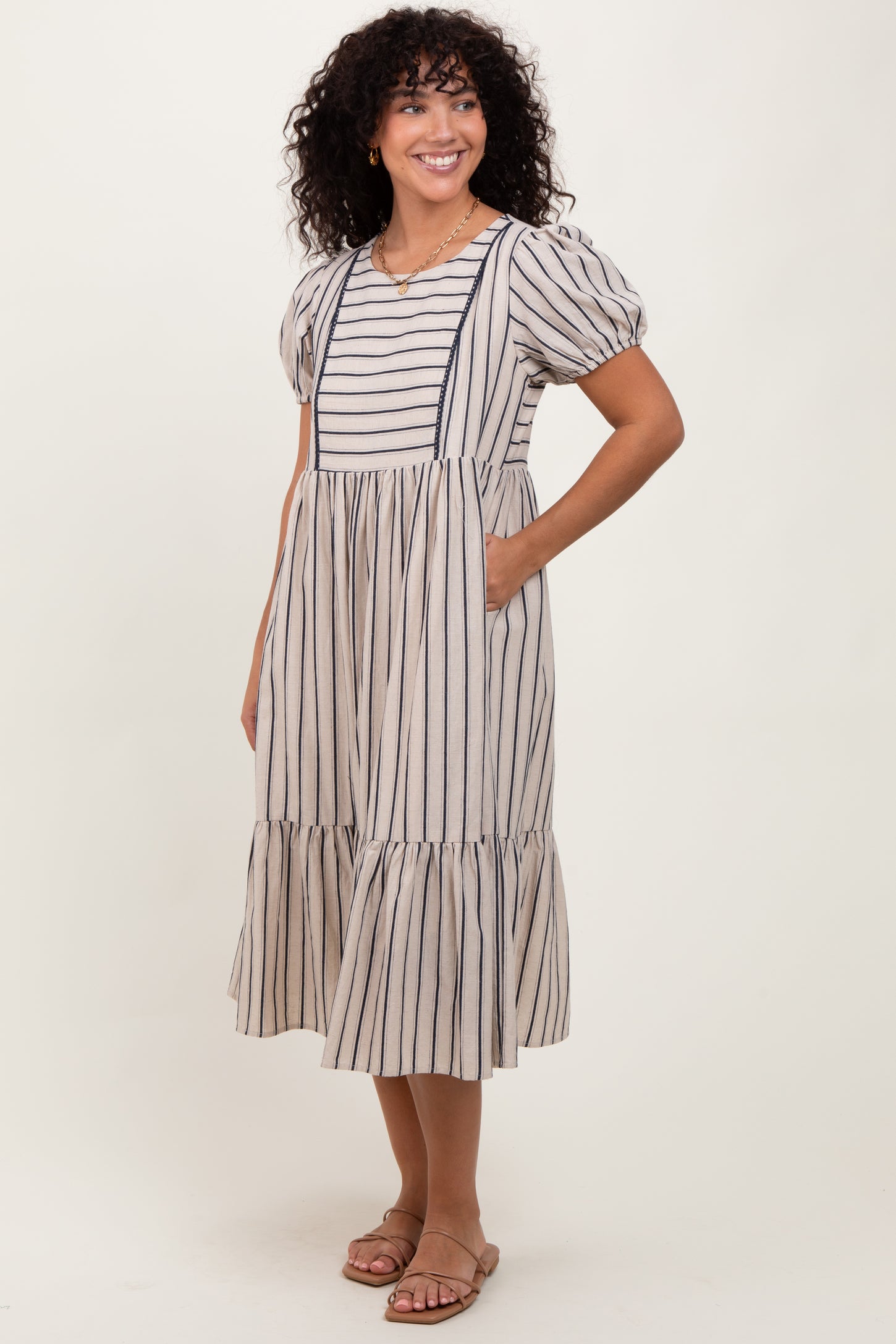 Beige Striped Short Sleeve Midi Dress