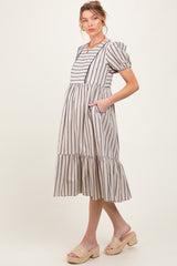 Beige Striped Short Sleeve Maternity Midi Dress