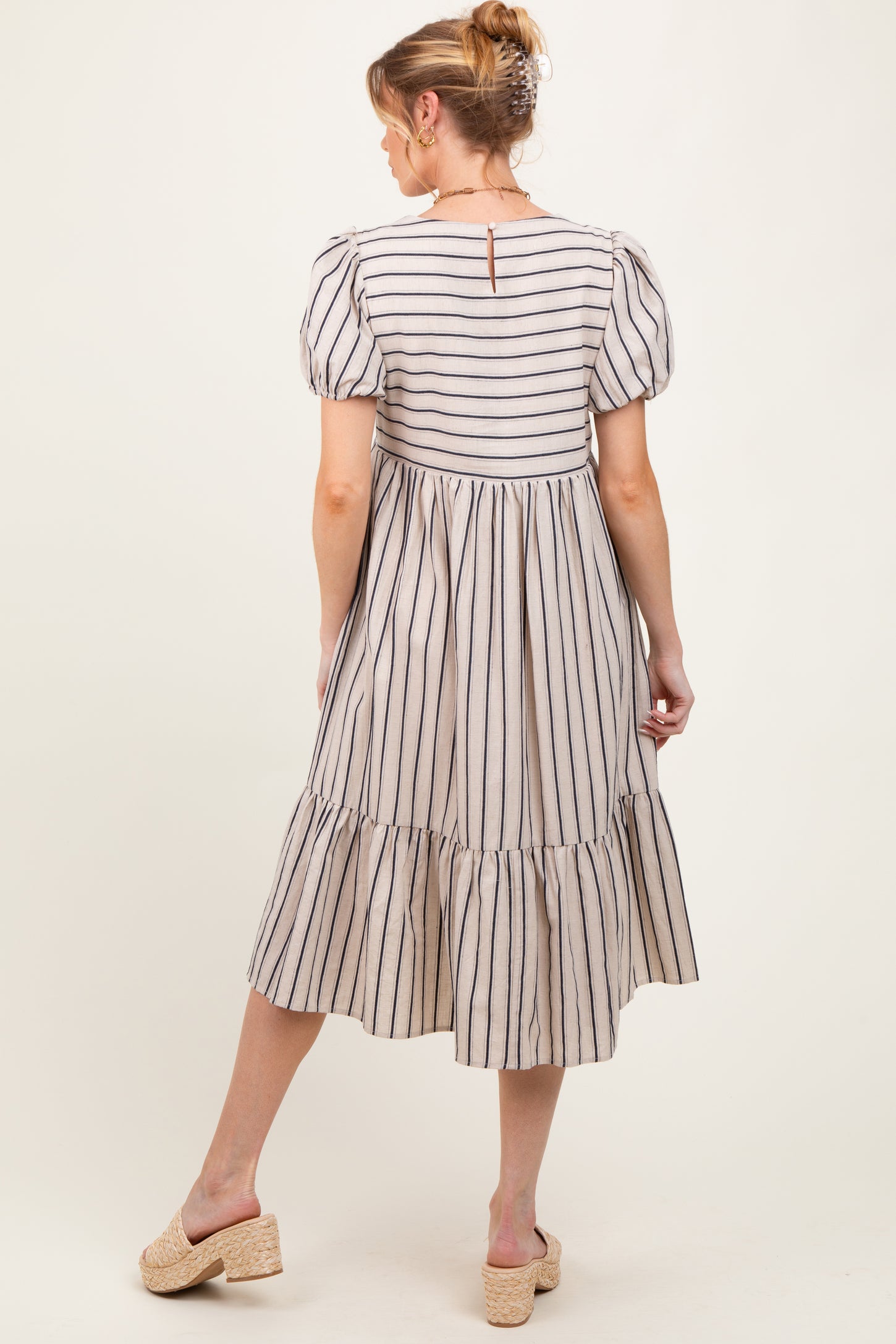 Beige Striped Short Sleeve Maternity Midi Dress