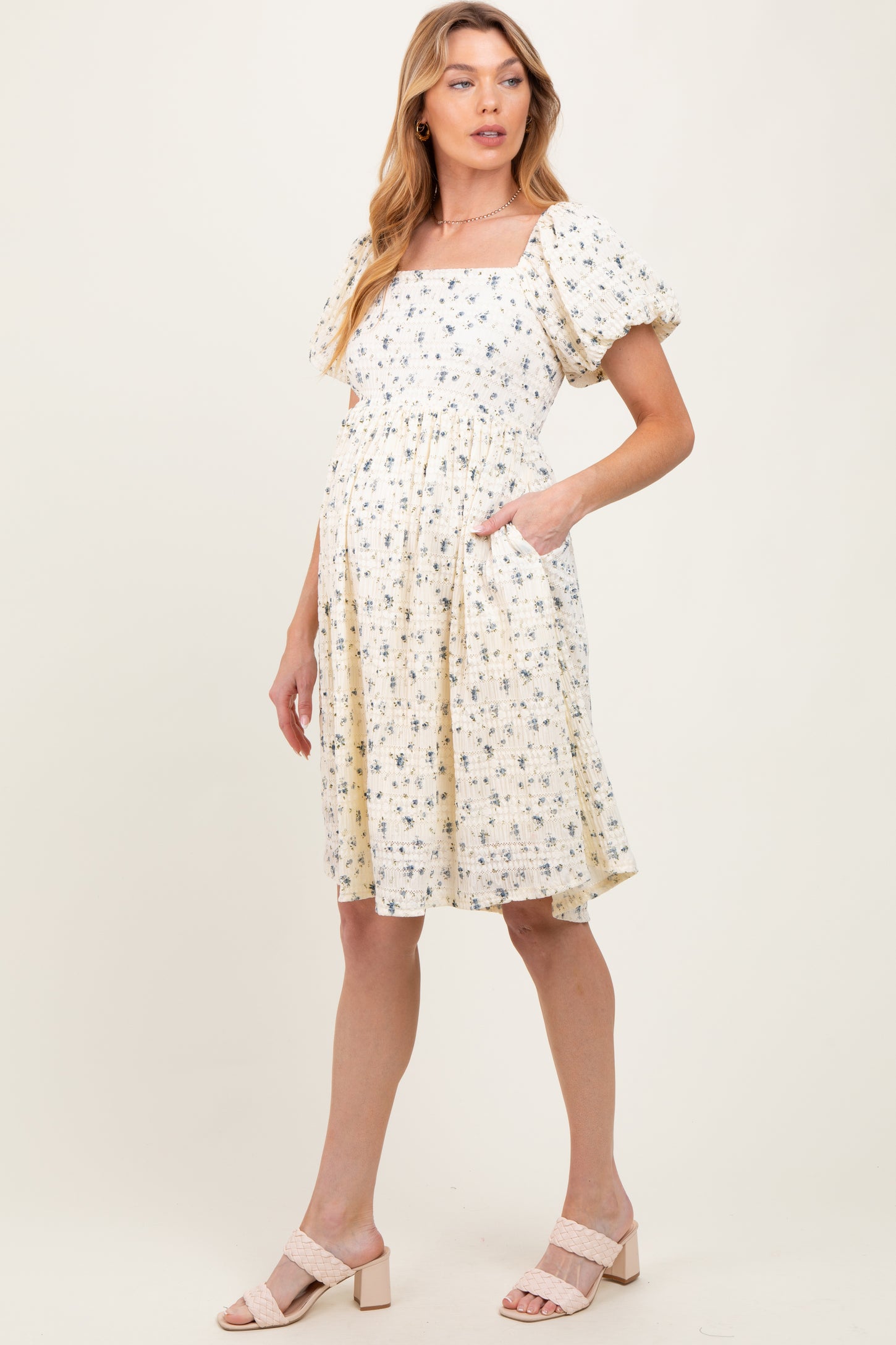 Cream Textured Knit Square Neck Maternity Midi Dress